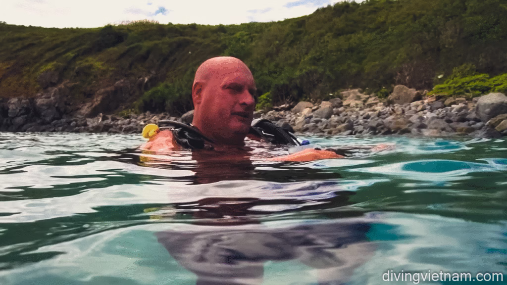 Man swimming in clear water