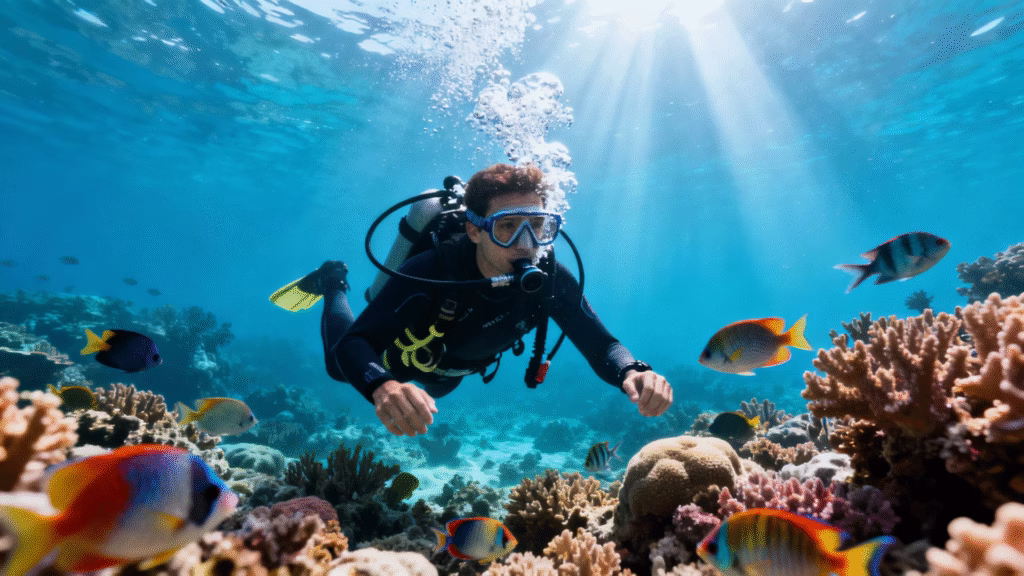 Diver exploring vibrant coral reef underwater